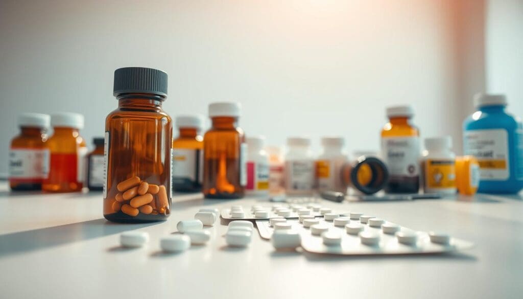 A brightly lit, close-up still life of an arrangement of various pill bottles, blister packs, and medication containers on a clean white surface. The bottles are displayed in the foreground, with a slight angle and depth of field to draw the eye. The middle ground features a few additional bottles and packages, creating a sense of depth. The background is subtly blurred, keeping the focus on the medications. Warm, natural lighting illuminates the scene, casting soft shadows and highlighting the textures of the pharmaceuticals. The overall mood is clinical yet inviting, conveying the importance and purpose of these essential drugs for blood cancer treatment. A brightly lit, close-up still life of an arrangement of various pill bottles, blister packs, and medication containers on a clean white surface. The bottles are displayed in the foreground, with a slight angle and depth of field to draw the eye. The middle ground features a few additional bottles and packages, creating a sense of depth. The background is subtly blurred, keeping the focus on the medications. Warm, natural lighting illuminates the scene, casting soft shadows and highlighting the textures of the pharmaceuticals. The overall mood is clinical yet inviting, conveying the importance and purpose of these essential drugs for blood cancer treatment.