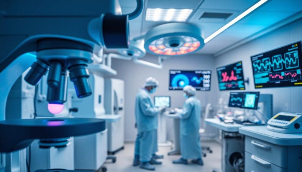 A clinical laboratory with state-of-the-art medical equipment, bathed in cool blue and white lighting. In the foreground, a microscope peers into a sample, revealing the intricate structures of leukemic cells. In the middle ground, medical professionals in sterile gowns and masks carefully administer advanced therapies, while in the background, displays show detailed molecular data and treatment progress. The atmosphere is one of scientific rigor and hope, as the latest innovations in leukemia treatment come together to combat this challenging disease. A clinical laboratory with state-of-the-art medical equipment, bathed in cool blue and white lighting. In the foreground, a microscope peers into a sample, revealing the intricate structures of leukemic cells. In the middle ground, medical professionals in sterile gowns and masks carefully administer advanced therapies, while in the background, displays show detailed molecular data and treatment progress. The atmosphere is one of scientific rigor and hope, as the latest innovations in leukemia treatment come together to combat this challenging disease.