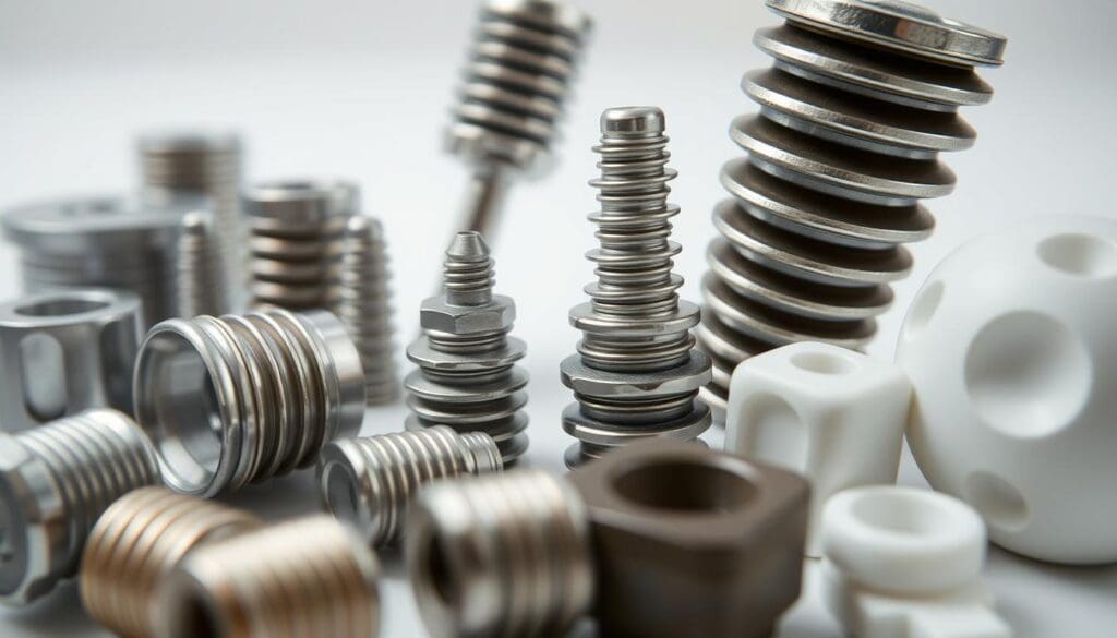 A close-up, detailed view of various hip implant materials arranged in a visually appealing layout. The foreground features a diverse selection of metallic and ceramic components, including titanium alloy, cobalt-chromium, and zirconium oxide, showcasing their intricate textures and finishes. The middle ground highlights the evolution of these materials, with older and newer implant designs positioned side by side. The background is a clean, neutral environment, allowing the materials to take center stage. The lighting is soft and natural, emphasizing the subtle sheen and reflective properties of the implant components. The overall mood is one of scientific curiosity and medical innovation, inviting the viewer to examine the advancements in hip implant technology.