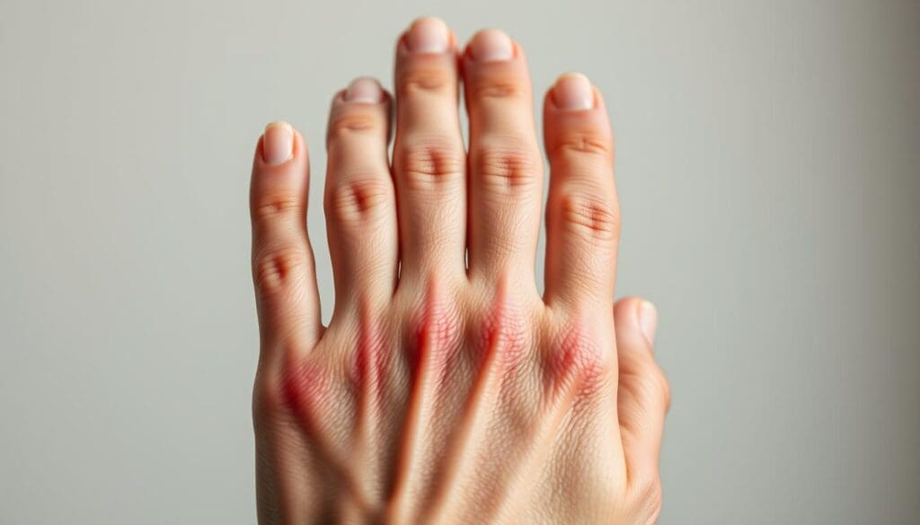 A close-up view of a human hand, joints swollen and inflamed, showcasing the physical manifestation of arthritis pain. The skin appears reddish and tender, with visible knuckle deformation. The hand is set against a neutral, slightly blurred background to emphasize the focal point. Lighting is soft, with gentle shadows accentuating the contours, conveying a sense of discomfort and the daily struggle with this debilitating condition. The composition is intentionally intimate, inviting the viewer to empathize with the subject's experience of joint inflammation and the limited mobility it can cause. A close-up view of a human hand, joints swollen and inflamed, showcasing the physical manifestation of arthritis pain. The skin appears reddish and tender, with visible knuckle deformation. The hand is set against a neutral, slightly blurred background to emphasize the focal point. Lighting is soft, with gentle shadows accentuating the contours, conveying a sense of discomfort and the daily struggle with this debilitating condition. The composition is intentionally intimate, inviting the viewer to empathize with the subject's experience of joint inflammation and the limited mobility it can cause.