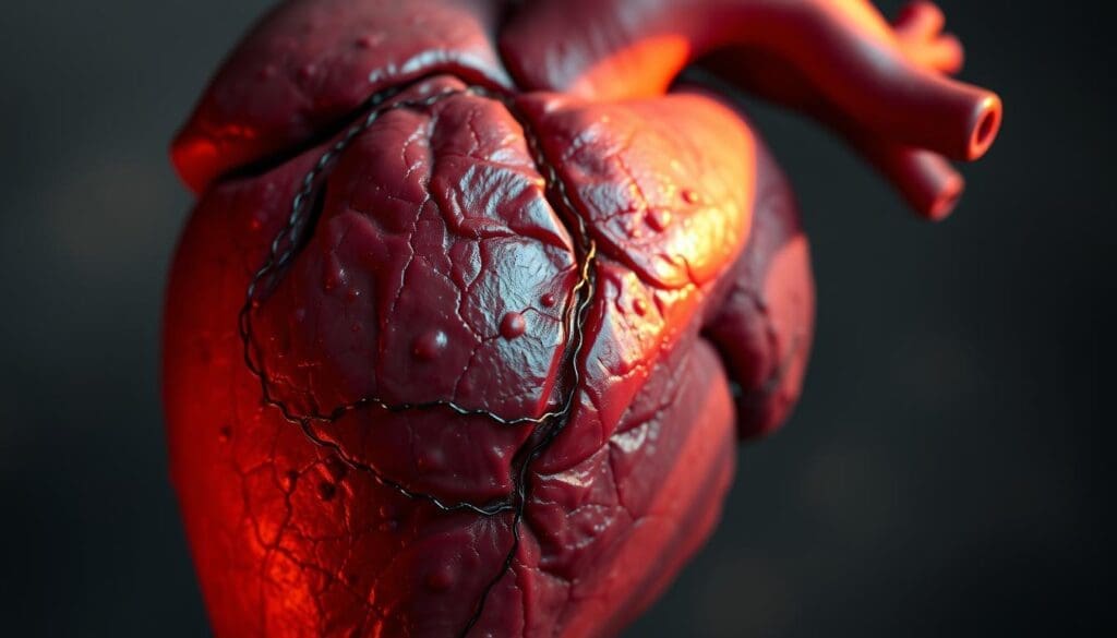 A close-up view of a human heart, rendered in a detailed and anatomical style, with visible signs of stress and strain. The heart is pulsing and vibrating, with areas of discoloration and inflammation indicating pain and distress. Soft, warm lighting from the side illuminates the heart, casting dramatic shadows and highlighting the textural details. The background is hazy and out-of-focus, placing the focus solely on the troubled heart, conveying a sense of isolation and internal turmoil. The overall mood is one of acute anxiety and physical anguish.
