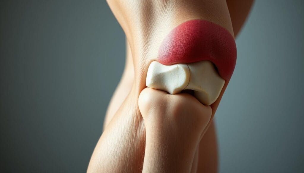 A close-up view of a human knee joint, showcasing the visible symptoms of arthritis. The knee appears swollen and inflamed, with prominent bone spurs and a decreased range of motion. The skin surrounding the joint is reddened, and there are clear signs of joint stiffness and pain. The lighting is soft and diffused, casting gentle shadows that accentuate the textural details of the affected area. The background is blurred, keeping the focus on the intricate anatomy of the arthritic knee. The overall mood is one of clinical examination, highlighting the need for understanding and addressing this common joint condition. A close-up view of a human knee joint, showcasing the visible symptoms of arthritis. The knee appears swollen and inflamed, with prominent bone spurs and a decreased range of motion. The skin surrounding the joint is reddened, and there are clear signs of joint stiffness and pain. The lighting is soft and diffused, casting gentle shadows that accentuate the textural details of the affected area. The background is blurred, keeping the focus on the intricate anatomy of the arthritic knee. The overall mood is one of clinical examination, highlighting the need for understanding and addressing this common joint condition.