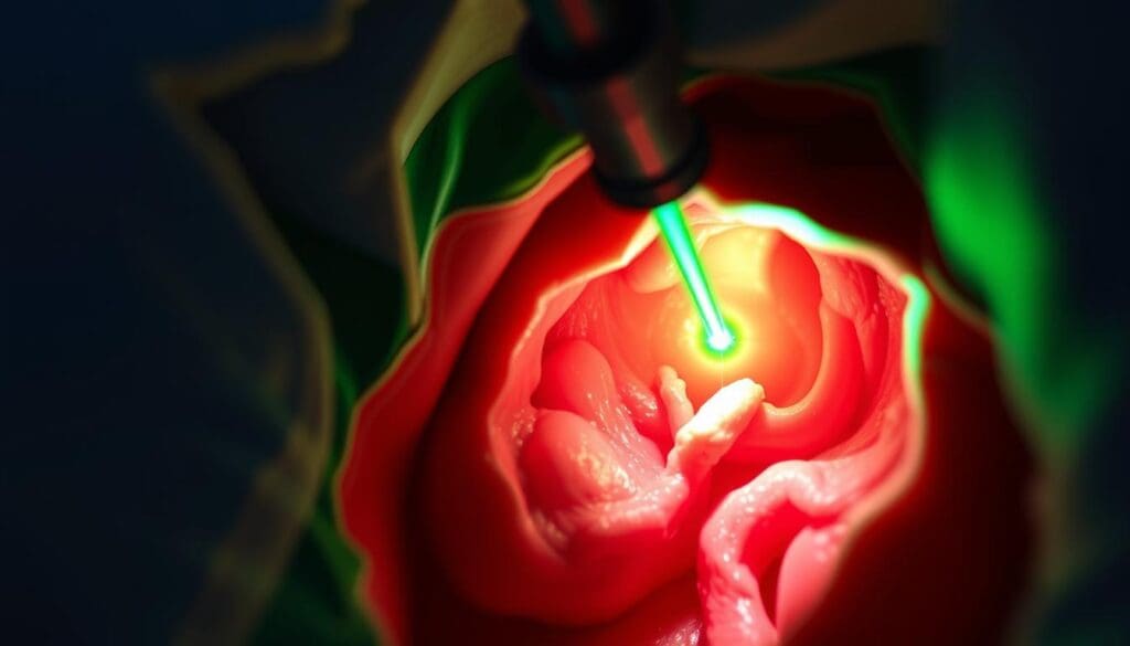 A close-up view of a minimally invasive GreenLight Laser TURP (Transurethral Resection of the Prostate) procedure, showcasing the precise surgical laser in action. Illuminated by a bright, focused beam of green light, the laser precisely targets and removes excess prostate tissue, revealing the intricate anatomy of the urinary tract. The scene is captured with a shallow depth of field, emphasizing the delicate surgical technique against a softly blurred background. The atmosphere is one of medical expertise, technological innovation, and patient care, conveying the distinctive benefits of this advanced treatment for benign prostatic hyperplasia.