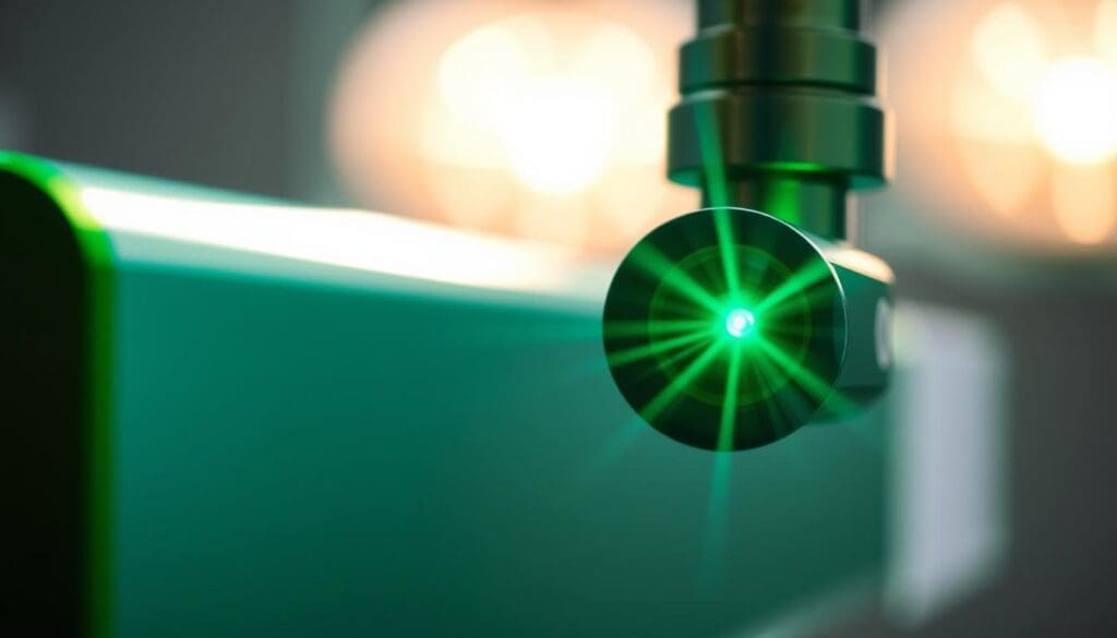 A close-up view of a modern GreenLight laser device, its sleek green metal casing and precision optics gleaming under bright studio lighting. The laser's tip is in sharp focus, its emerald beam cutting through the frame, radiating an air of technological sophistication. The background is softly blurred, allowing the laser to be the central point of attention, symbolizing the advanced medical technology at the heart of the GreenLight surgical procedure. The overall impression is one of innovation, efficiency and the transformative power of laser-based treatments.