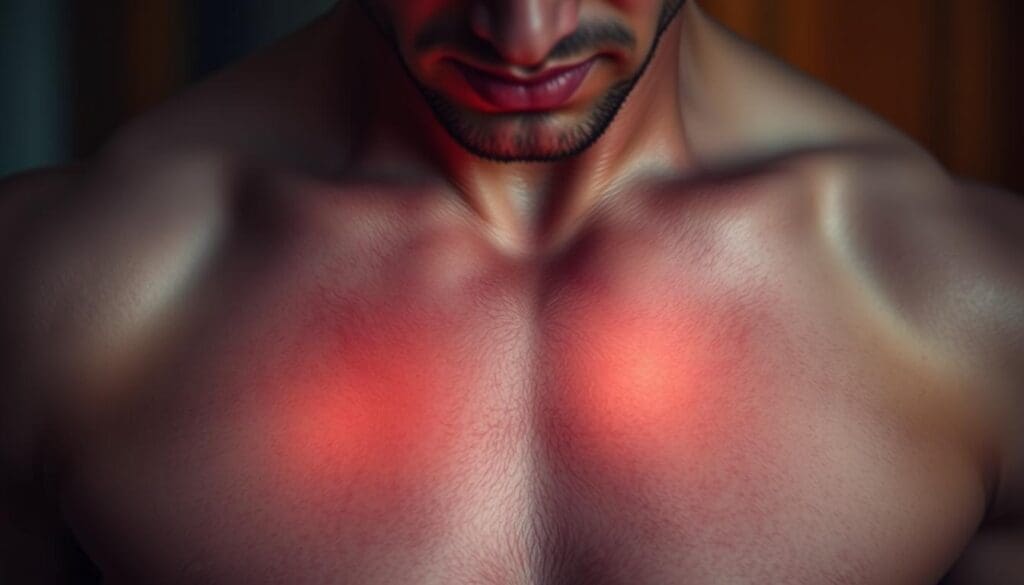 A close-up view of a person's chest, showing visible heart palpitations and rapid, irregular heartbeats. The skin is flushed and there is a sense of tension and anxiety evident in the subject's expression. The lighting is dramatic, with a warm glow highlighting the palpitating area, while the background is slightly blurred, creating a sense of focus on the physiological symptoms. The image conveys the physical and emotional distress associated with anxiety-induced heart palpitations.