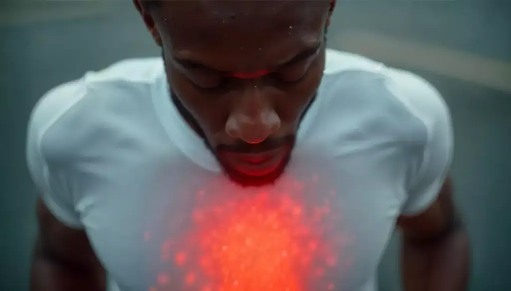 A close-up view of a person's throat, the inner lining swollen and inflamed, a painful, angry red. The mouth is open slightly, revealing the raw, irritated tissue, with small white spots of blisters dotting the surface. The skin around the neck appears flushed and tender. The lighting is soft, creating a somber, clinical atmosphere. The image captures the discomfort and distress of a sore throat caused by the side effects of chemotherapy, a common and debilitating experience for cancer patients undergoing treatment.