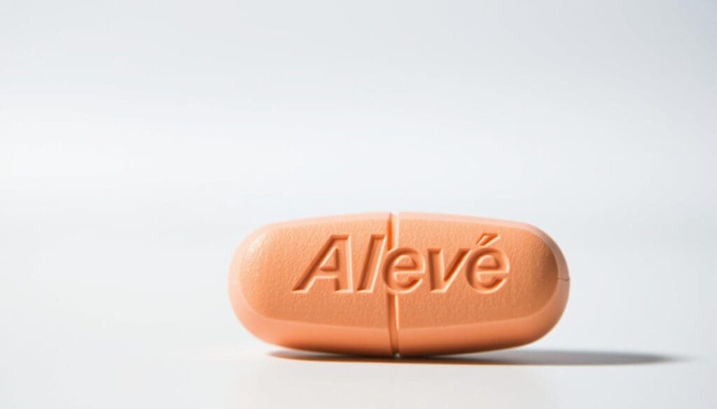 A close-up view of an Aleve arthritis medication tablet, capturing its detailed composition and structure. The tablet appears in sharp focus, highlighting its smooth, oval shape and the distinctive Bayer logo embossed on its surface. The background is blurred, creating a clean, clinical atmosphere that emphasizes the pharmaceutical nature of the subject. The lighting is soft and diffuse, casting subtle shadows that accentuate the tablet's textural details. The overall composition conveys a sense of precision and professionalism, suitable for illustrating the technical aspects of Aleve's formulation and classification as an over-the-counter arthritis pain relief medication. A close-up view of an Aleve arthritis medication tablet, capturing its detailed composition and structure. The tablet appears in sharp focus, highlighting its smooth, oval shape and the distinctive Bayer logo embossed on its surface. The background is blurred, creating a clean, clinical atmosphere that emphasizes the pharmaceutical nature of the subject. The lighting is soft and diffuse, casting subtle shadows that accentuate the tablet's textural details. The overall composition conveys a sense of precision and professionalism, suitable for illustrating the technical aspects of Aleve's formulation and classification as an over-the-counter arthritis pain relief medication.