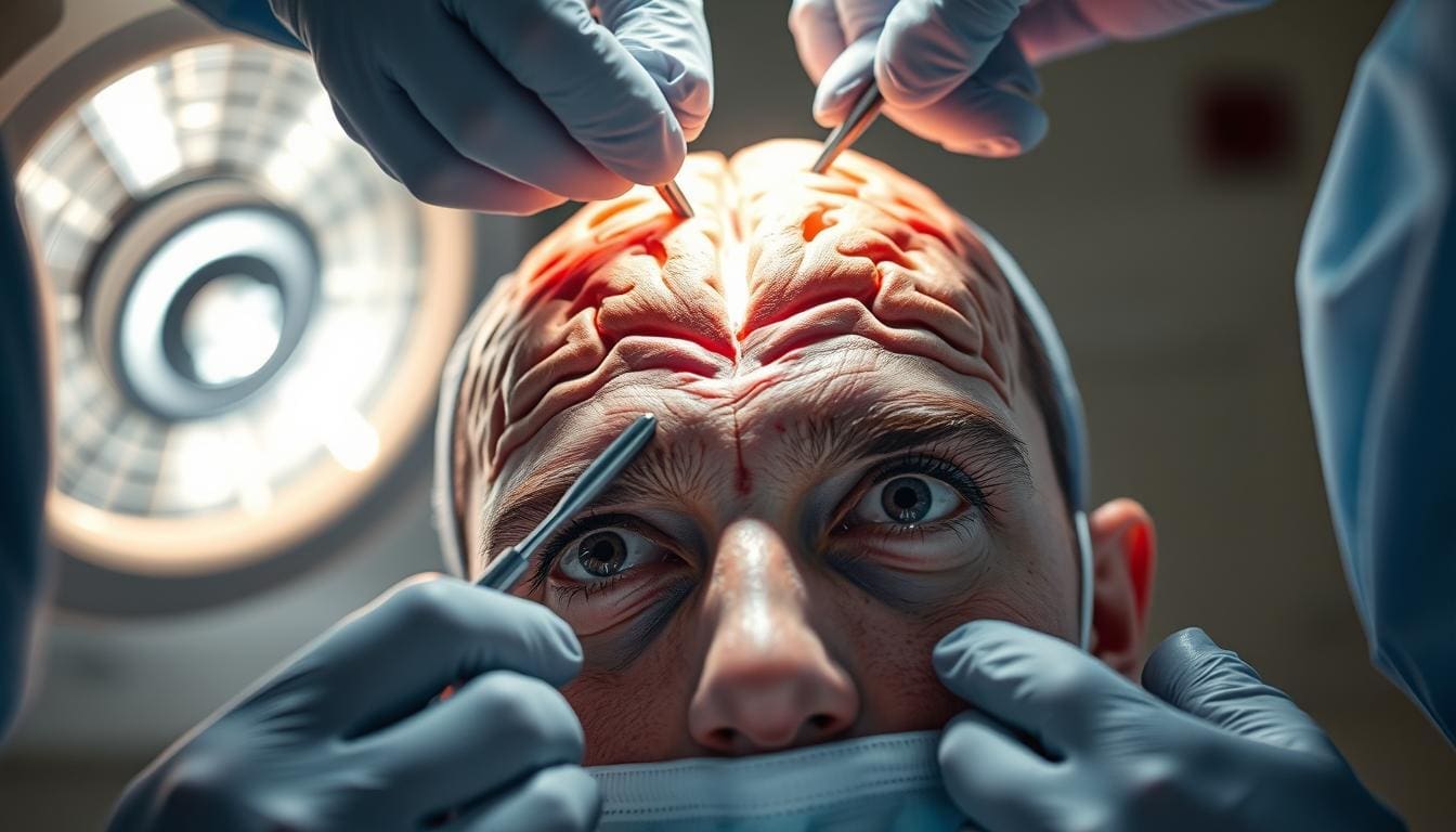 A close-up view of an awake patient's head during brain surgery, illuminated by a bright surgical lamp. The skin is carefully incised, exposing the intricate folds of the cerebral cortex. Neurosurgeons, clad in sterile gowns and gloves, delicately manipulate specialized instruments to access the targeted area of the brain. The patient's eyes are open, their gaze calm and focused, as they collaborate with the medical team to ensure the procedure is carried out safely and effectively. The scene conveys a sense of precision, concentration, and the profound responsibility of performing awake brain surgery.
