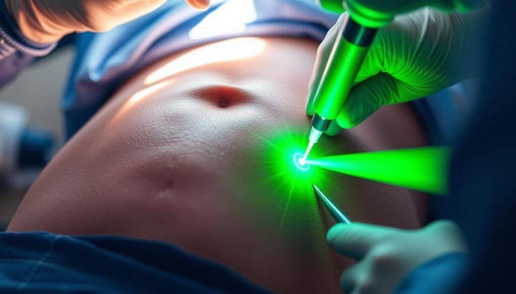 A closeup view of a surgical procedure, showcasing a green-colored laser beam precisely targeting the prostate gland. The procedure is performed under bright, sterile lighting conditions, with the patient's lower abdomen visible. The surgeon's hands and medical instruments are in focus, conveying the technical expertise required. The background is blurred, emphasizing the specificity of the treatment. An atmosphere of medical professionalism and patient care is evoked, reflecting the advanced nature of this minimally invasive prostate surgery.