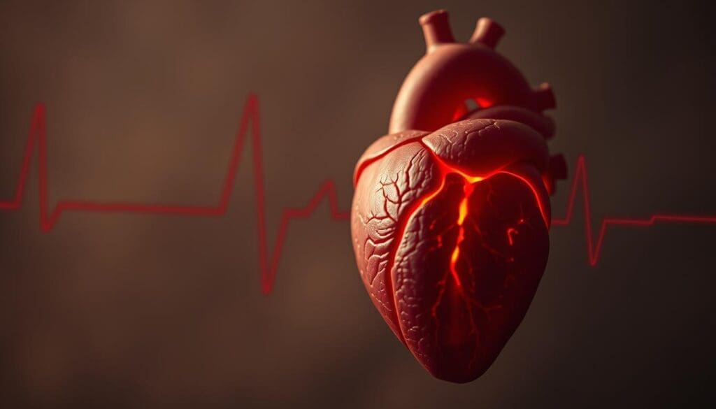 A closeup view of an anxious human heart, pulsing rapidly and erratically against a muted, hazy backdrop. The heart is depicted as a detailed, anatomical illustration in a warm, red-orange hue, seemingly glowing from an internal light source. Soft, diffused lighting creates a sense of tension and unease, while a subtle depth of field blurs the background, focusing the viewer's attention on the central, fluttering heart. The overall atmosphere is one of physiological distress, visually capturing the science behind why anxiety can trigger palpitations.