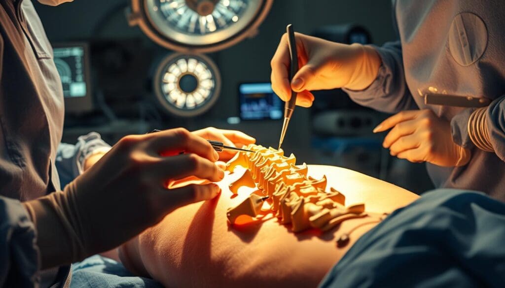 A complex surgical procedure is unfolding on the operating table, as skilled hands carefully manipulate the intricate structures of the spine. The scene is illuminated by the soft glow of medical lighting, casting an almost ethereal atmosphere over the intense focus of the surgical team. The patient's body is gently exposed, revealing the delicate vertebrae and discs that will be the focus of the spinal fusion surgery. The surgeon's tools glint under the bright surgical lamps, the precise movements guided by years of specialized training. In the background, medical equipment and monitors provide vital data, ensuring the patient's safety and well-being throughout the procedure. This is a moment of intense concentration, where the boundaries of human skill and technology converge to restore the integrity of the spine.