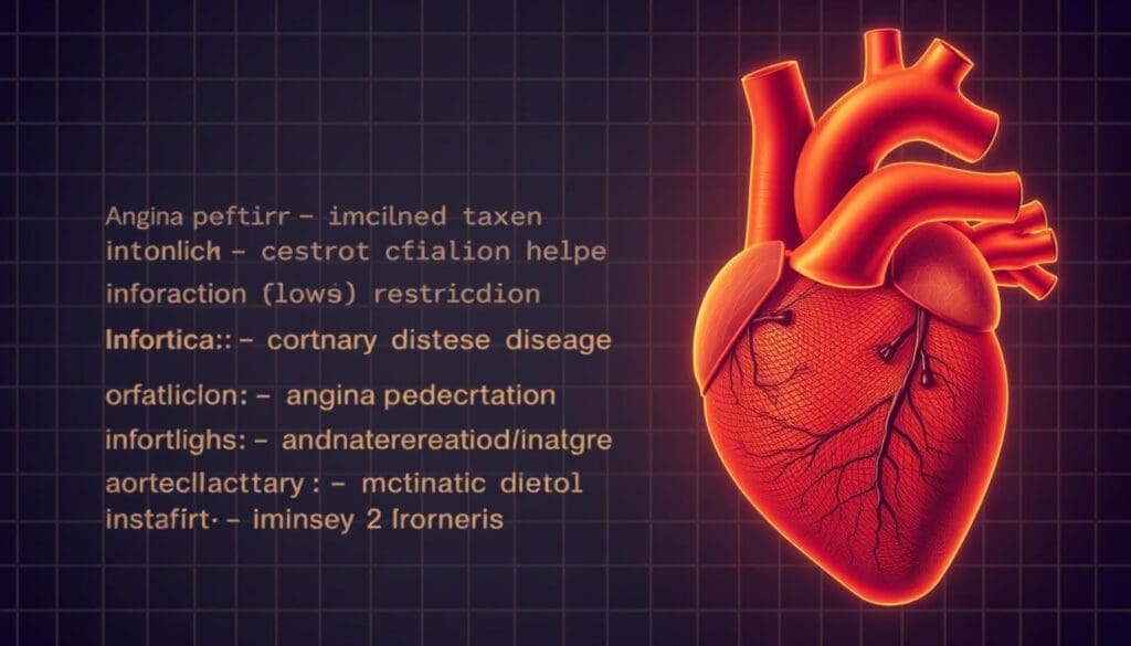 A crisp, medical illustration depicting key terminology and abbreviations related to ischemic heart disease. The foreground showcases a detailed anatomical diagram of the heart, highlighting areas affected by restricted blood flow. The middle ground presents a glossary of technical terms like "angina pectoris", "myocardial infarction", and "coronary artery disease" rendered in a clean, sans-serif font. The background features a subtle grid pattern, evoking the clinical atmosphere of a medical textbook. Warm lighting creates depth and emphasizes the technical precision of the illustration. The overall style is a balance of scientific accuracy and visual clarity, suitable for educational and informational purposes. A crisp, medical illustration depicting key terminology and abbreviations related to ischemic heart disease. The foreground showcases a detailed anatomical diagram of the heart, highlighting areas affected by restricted blood flow. The middle ground presents a glossary of technical terms like "angina pectoris", "myocardial infarction", and "coronary artery disease" rendered in a clean, sans-serif font. The background features a subtle grid pattern, evoking the clinical atmosphere of a medical textbook. Warm lighting creates depth and emphasizes the technical precision of the illustration. The overall style is a balance of scientific accuracy and visual clarity, suitable for educational and informational purposes.