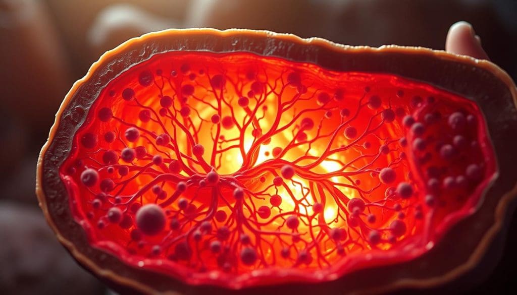 A cross-section of human bone marrow, illuminated by a soft, warm light. In the foreground, hematopoietic stem cells and progenitor cells can be seen, engaged in the process of differentiation into various blood and immune system components. The middle ground reveals the intricate network of blood vessels and supporting stroma, while the background showcases the bone matrix that provides the necessary structure and microenvironment for these vital processes. The image conveys a sense of scientific curiosity and the complex, orchestrated functions of this essential tissue.