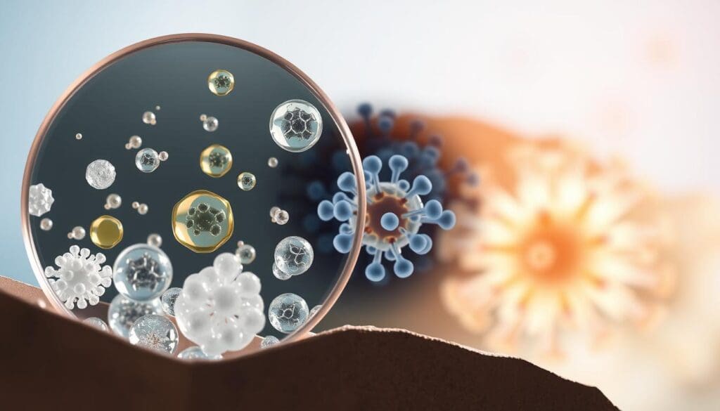 A cross-section view of various vaccine adjuvants, magnified and illuminated under a bright, diffuse light source. In the foreground, a selection of adjuvant particles, such as aluminum salts, oil-in-water emulsions, and liposomes, each with their unique shapes and sizes. In the middle ground, a microscopic depiction of the molecular interactions between the adjuvants and immune cells, showcasing the mechanism by which they enhance the immune response. The background features a softly blurred representation of the vaccine formulation, conveying a sense of the scientific complexity underlying these vital components of modern immunization.