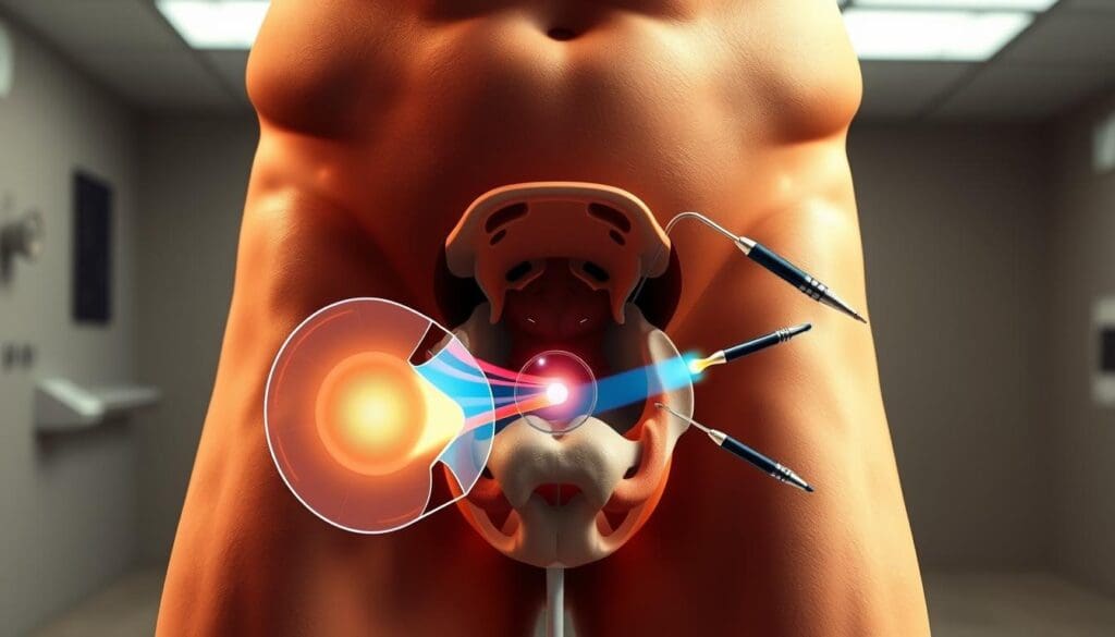 A cross-sectional view of the male pelvis, showcasing the prostate gland and the various prostate ablation techniques. The scene is illuminated by a warm, clinical lighting, casting subtle shadows that highlight the intricate anatomy. The foreground features a detailed illustration of the prostate, with clear delineation of the different zones and the target area for ablation. The middle ground showcases various medical instruments, such as catheters and energy delivery devices, poised for the procedure. The background is a clean, sterile environment, with a sense of medical precision and expertise. The overall mood is one of informative clarity, guiding the viewer through the technical aspects of prostate ablation for the treatment of benign prostatic hyperplasia (BPH).