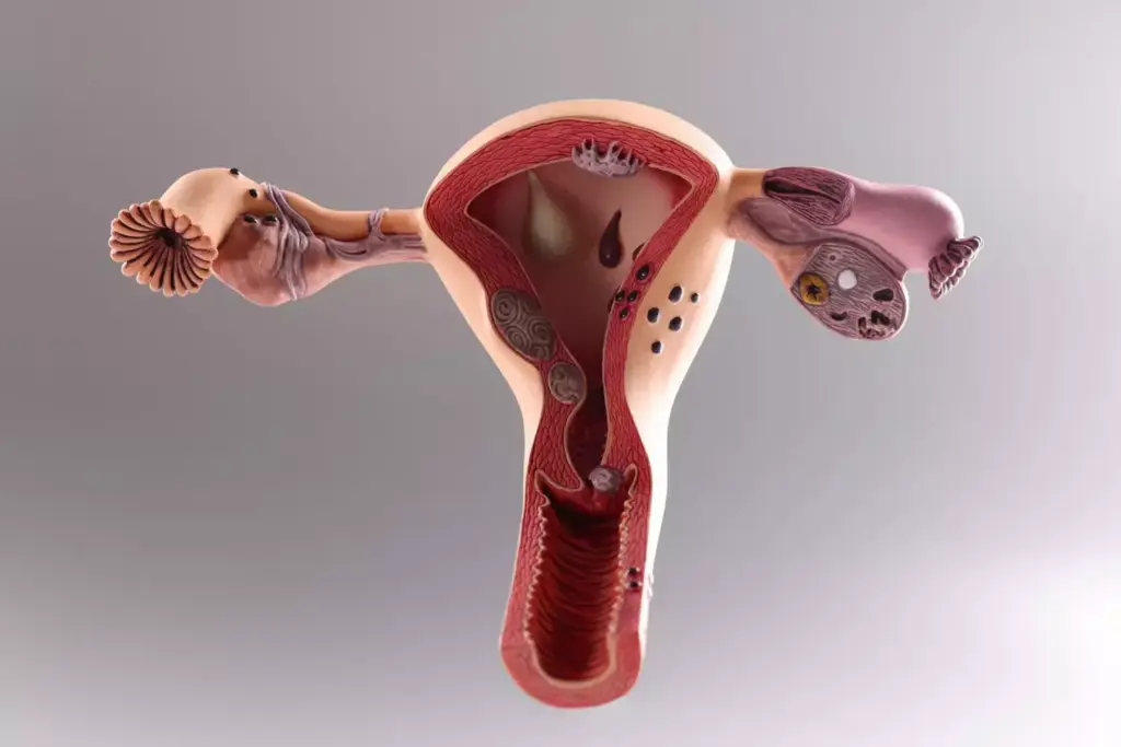 A detailed anatomical diagram depicting the common symptoms of endometriosis. In the foreground, a cross-section of the female pelvic region showcases inflamed, adhesive endometrial tissue implanted on the ovaries, fallopian tubes, and uterus. Surrounding this, a middle ground renders the accompanying symptoms in vivid detail - intense pelvic pain, heavy and irregular menstrual bleeding, painful intercourse, and digestive issues. In the hazy background, a muted palette of grays and blues conveys the emotional toll, with a sense of isolation and anguish. Crisp, high-resolution medical illustration style with soft, even lighting to emphasize the clinical nature of the subject matter.