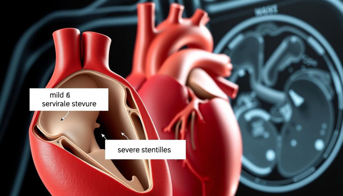 A detailed anatomical illustration depicting the severity levels of aortic stenosis. The foreground shows a cross-section of the aortic valve, with clear labels indicating mild, moderate, and severe stenosis. The middle ground features a lifelike rendering of the heart, emphasizing the aorta and surrounding structures. The background showcases a softly blurred medical imaging scan, providing additional context. The lighting is crisp and directional, highlighting the intricate details of the valve and heart. The overall mood is educational and informative, conveying the importance of understanding this cardiovascular condition.