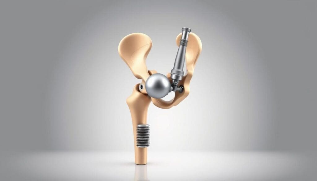 A detailed anatomical illustration of a pair of hip replacement joints, showcased against a clean, minimalist background. The prosthetic components, including the ball-and-socket joint, the stem, and the acetabular cup, are rendered with meticulous precision, highlighting the intricate engineering and design of these medical devices. Soft, directional lighting accentuates the metallic surfaces and the smooth, seamless integration of the parts. The composition places the implants in the center, allowing the viewer to study their form and construction in a clear, unobstructed manner. The overall mood is one of clinical objectivity, emphasizing the technical and functional aspects of these critical orthopedic components. A detailed anatomical illustration of a pair of hip replacement joints, showcased against a clean, minimalist background. The prosthetic components, including the ball-and-socket joint, the stem, and the acetabular cup, are rendered with meticulous precision, highlighting the intricate engineering and design of these medical devices. Soft, directional lighting accentuates the metallic surfaces and the smooth, seamless integration of the parts. The composition places the implants in the center, allowing the viewer to study their form and construction in a clear, unobstructed manner. The overall mood is one of clinical objectivity, emphasizing the technical and functional aspects of these critical orthopedic components.