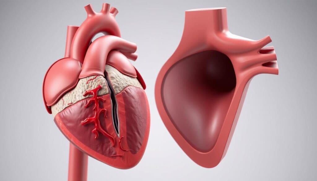 A detailed anatomical illustration of heart valve stenosis, showcasing the narrowing of the aortic valve. In the foreground, a cross-sectional view of the heart reveals the thickened, calcified valve leaflets obstructing blood flow. The middle ground highlights the affected valve from a side angle, emphasizing the reduced opening. In the background, a realistic 3D render of a healthy heart valve provides context. The image is lit with soft, directional lighting to accentuate the textural details and shadows, creating a scientific, educational atmosphere.