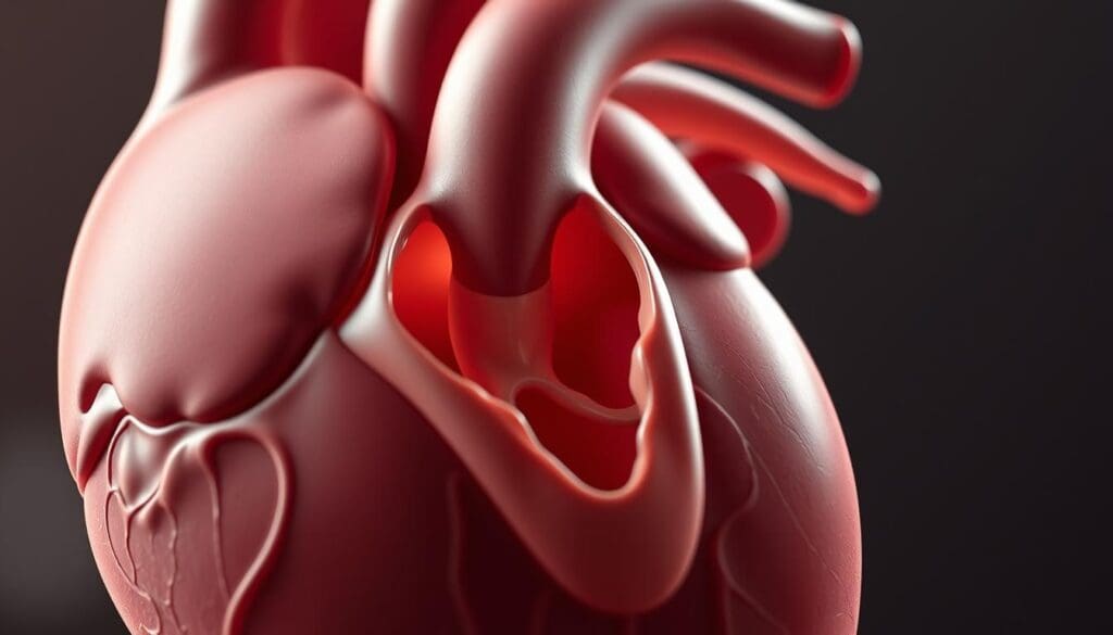 A detailed, anatomical illustration of the aortic valve in the human heart. The scene is rendered in a realistic photorealistic style, with high-resolution, accurate details of the valve's structure, including the cusps, annulus, and surrounding anatomy. The image is shot from a slightly elevated angle, providing a clear, unobstructed view of the valve. Soft, natural lighting from the left side gently illuminates the scene, creating depth and dimension. The background is muted and blurred, keeping the focus on the intricate details of the aortic valve. The overall tone is one of scientific precision and medical clarity, suitable for educational and informational purposes. A detailed, anatomical illustration of the aortic valve in the human heart. The scene is rendered in a realistic photorealistic style, with high-resolution, accurate details of the valve's structure, including the cusps, annulus, and surrounding anatomy. The image is shot from a slightly elevated angle, providing a clear, unobstructed view of the valve. Soft, natural lighting from the left side gently illuminates the scene, creating depth and dimension. The background is muted and blurred, keeping the focus on the intricate details of the aortic valve. The overall tone is one of scientific precision and medical clarity, suitable for educational and informational purposes.