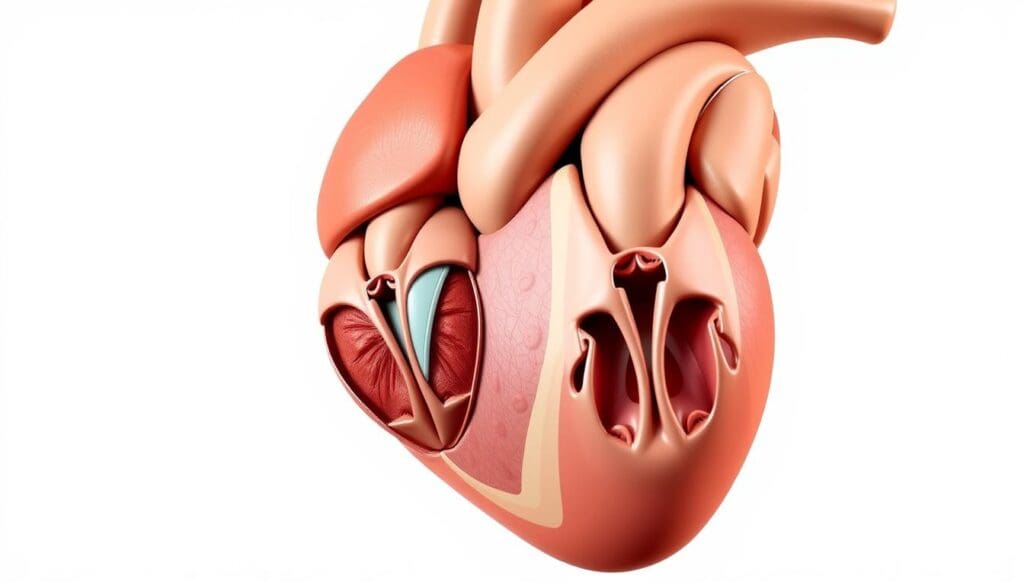 A detailed anatomical illustration of the four heart valves - aortic, mitral, tricuspid, and pulmonary - in their precise anatomical locations within the heart. Rendered in a realistic, high-resolution style using photorealistic textures and lighting to showcase the intricate structures and complex geometries of the valve leaflets, cusps, and annuli. Displayed from a slightly elevated angle to provide a clear, comprehensive view, with the heart positioned centrally in the frame against a plain, neutral background to ensure the focus remains on the anatomical details.