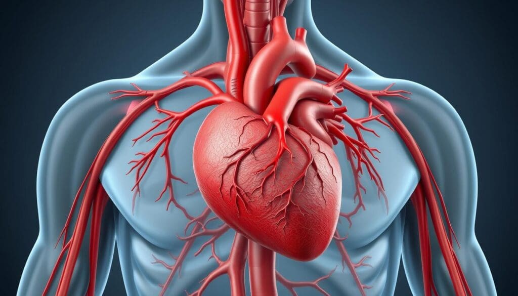A detailed anatomical illustration of the human cardiovascular system, focused on the coronary arteries. The image should depict the heart in the center, with the major coronary arteries branching out from the aorta and wrapping around the heart's surface. Render the arteries in a vibrant red color, contrasting with the subdued grays and blues of the heart muscle and surrounding tissue. Emphasize the intricate network of vessels, highlighting the complex structure and potential points of blockage or disease. Use a clean, clinical lighting setup with soft shadows to accentuate the three-dimensional form. Present the image from a slightly elevated angle, allowing the viewer to clearly see the key anatomical features. The overall tone should be informative and educational, suitable for inclusion in a medical article on coronary artery disease. A detailed anatomical illustration of the human cardiovascular system, focused on the coronary arteries. The image should depict the heart in the center, with the major coronary arteries branching out from the aorta and wrapping around the heart's surface. Render the arteries in a vibrant red color, contrasting with the subdued grays and blues of the heart muscle and surrounding tissue. Emphasize the intricate network of vessels, highlighting the complex structure and potential points of blockage or disease. Use a clean, clinical lighting setup with soft shadows to accentuate the three-dimensional form. Present the image from a slightly elevated angle, allowing the viewer to clearly see the key anatomical features. The overall tone should be informative and educational, suitable for inclusion in a medical article on coronary artery disease.