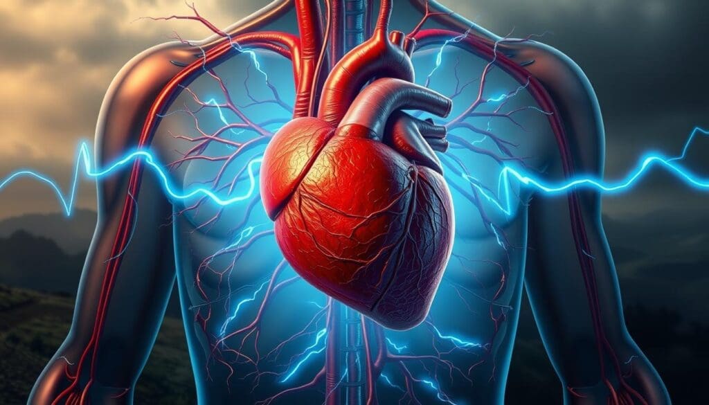 A detailed, anatomical illustration of the human cardiovascular system, with a focus on the heart. The foreground depicts the heart palpitating erratically, the muscle fibers visibly straining and the chambers rapidly expanding and contracting. Surrounding the heart, a hazy, ethereal aura of electric-blue energy pulses outward, visualizing the physiological connection between the heart and the emotional centers of the brain. In the middle ground, the arterial and venous networks of the body are shown, colored in shades of red and blue to represent the oxygenated and deoxygenated blood flow. The background is a muted, atmospheric landscape, suggesting the overall sense of anxiety and stress that can trigger these heart palpitations. Rendered in a highly detailed, photorealistic style with dramatic chiaroscuro lighting.