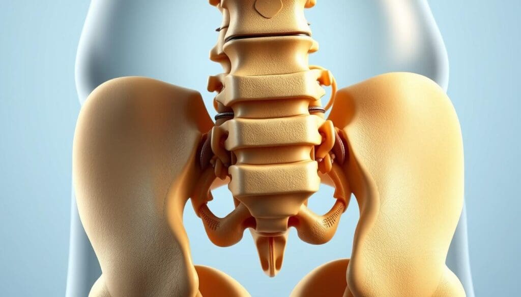 A detailed anatomical illustration of the human lumbar spine, showcasing the intervertebral discs, vertebral bodies, and surrounding ligamentous structures. Rendered in a high-quality, photorealistic style with crisp details and natural lighting, capturing the intricate three-dimensional complexity of the lower back region. The image should convey a sense of scientific precision and visual clarity to aid in the understanding of lumbar disk pathology.