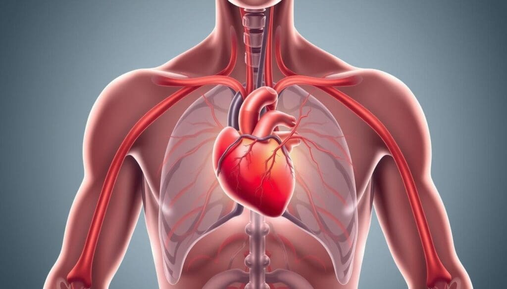 A detailed anatomical illustration of the human thorax, with a focus on the heart and surrounding structures. The image should display the key symptoms of a heart attack, such as chest pain, shortness of breath, and radiating pain in the left arm. The heart should be prominently featured, with the coronary arteries and blood flow visualized. The background should be clean and minimalist, with subtle lighting to highlight the medical subject matter. The overall tone should be informative and educational, conveying the seriousness of heart attack symptoms in a clear and precise manner. A detailed anatomical illustration of the human thorax, with a focus on the heart and surrounding structures. The image should display the key symptoms of a heart attack, such as chest pain, shortness of breath, and radiating pain in the left arm. The heart should be prominently featured, with the coronary arteries and blood flow visualized. The background should be clean and minimalist, with subtle lighting to highlight the medical subject matter. The overall tone should be informative and educational, conveying the seriousness of heart attack symptoms in a clear and precise manner.