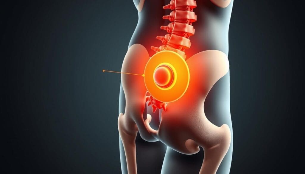 A detailed anatomical illustration showcasing a herniated disc in the lower back, radiating pain and discomfort down through the hip and leg. Realistic rendering with accurate spinal and pelvic structures, highlighting the compression of the sciatic nerve. Subtle lighting from the side emphasizes the bulge in the disc and surrounding inflammation. Neutral color palette with muted tones to convey the clinical, educational nature of the image. High-resolution, photorealistic quality to clearly communicate the scientific connection between a herniated disc and resulting hip pain. A detailed anatomical illustration showcasing a herniated disc in the lower back, radiating pain and discomfort down through the hip and leg. Realistic rendering with accurate spinal and pelvic structures, highlighting the compression of the sciatic nerve. Subtle lighting from the side emphasizes the bulge in the disc and surrounding inflammation. Neutral color palette with muted tones to convey the clinical, educational nature of the image. High-resolution, photorealistic quality to clearly communicate the scientific connection between a herniated disc and resulting hip pain.