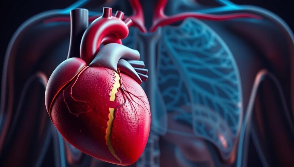 A detailed anatomical illustration showcasing the key features of coronary heart disease. The foreground depicts the heart, with the aorta, ventricles, and coronary arteries prominently displayed. The middle ground highlights the progression of atherosclerosis, with plaque buildup narrowing the coronary arteries. In the background, a simplified diagram of the chest cavity provides context. The lighting is soft and directional, creating depth and emphasizing the three-dimensional aspects of the anatomy. The color palette is muted, with shades of red, blue, and gray to convey the seriousness of the condition. The overall mood is educational and informative, intended to provide a comprehensive overview of coronary heart disease.