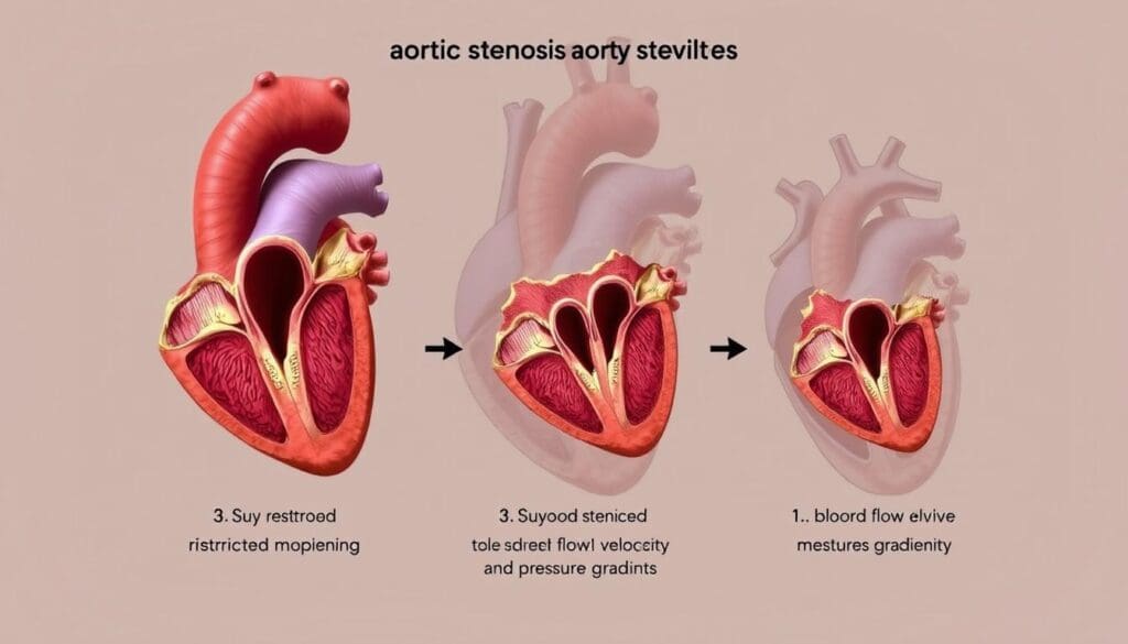 A detailed anatomical illustration showcasing the progression of aortic stenosis severity stages. In the foreground, a cross-section of the aortic valve clearly depicts the gradual narrowing and thickening of the valve leaflets, from a mildly restricted opening to a severely stenosed orifice. The middle ground highlights the corresponding changes in blood flow velocity and pressure gradients across the valve. In the background, a simplified diagram of the heart and great vessels provides context. Rendered in a realistic, medical illustration style with muted, earthy tones, emphasizing the technical and educational nature of the image.