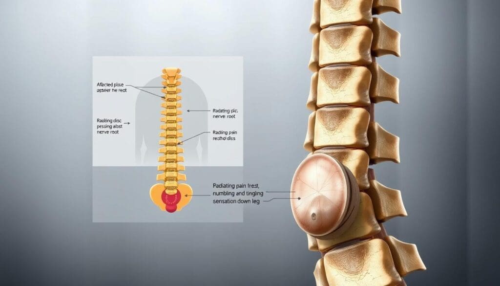 A detailed, anatomical illustration showcasing the symptoms of a herniated disc. In the foreground, a cross-section of the spinal column reveals a protruding, bulging disc pressing against the nerve root, causing radiating pain, numbness, and tingling sensations down the leg. In the middle ground, a medical diagram highlights the affected disc and surrounding vertebrae, with clear annotations identifying the key anatomical structures. The background features a neutral, clinical environment, with muted lighting that emphasizes the technical nature of the subject matter. Captured with a high-resolution camera, this image conveys a sense of scientific accuracy and medical precision, suitable for inclusion in an educational article on herniated disc surgery. A detailed, anatomical illustration showcasing the symptoms of a herniated disc. In the foreground, a cross-section of the spinal column reveals a protruding, bulging disc pressing against the nerve root, causing radiating pain, numbness, and tingling sensations down the leg. In the middle ground, a medical diagram highlights the affected disc and surrounding vertebrae, with clear annotations identifying the key anatomical structures. The background features a neutral, clinical environment, with muted lighting that emphasizes the technical nature of the subject matter. Captured with a high-resolution camera, this image conveys a sense of scientific accuracy and medical precision, suitable for inclusion in an educational article on herniated disc surgery.
