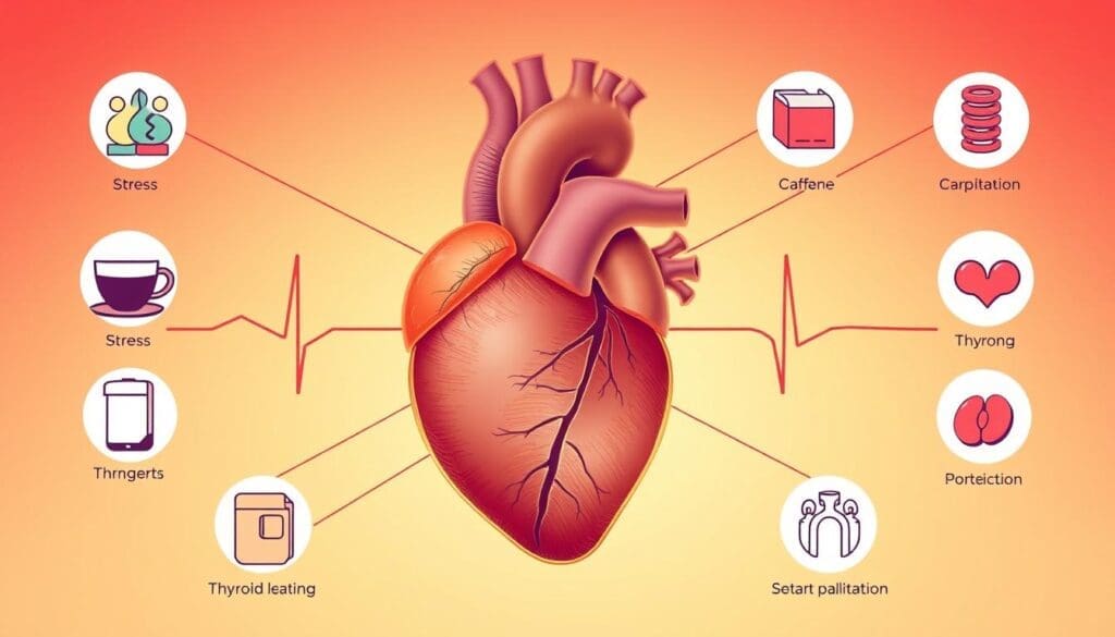 A detailed anatomical illustration showcasing the various potential causes of heart palpitations. Centered in a warm, soft-lit composition, the heart is depicted in cross-section, revealing the intricate structures and mechanisms that can lead to irregular heartbeats. Surrounding the heart are informative visual cues, such as icons representing stress, caffeine, thyroid issues, and other common palpitation triggers. The overall mood is one of educational clarity, inviting the viewer to better understand the physiological origins of this common condition.