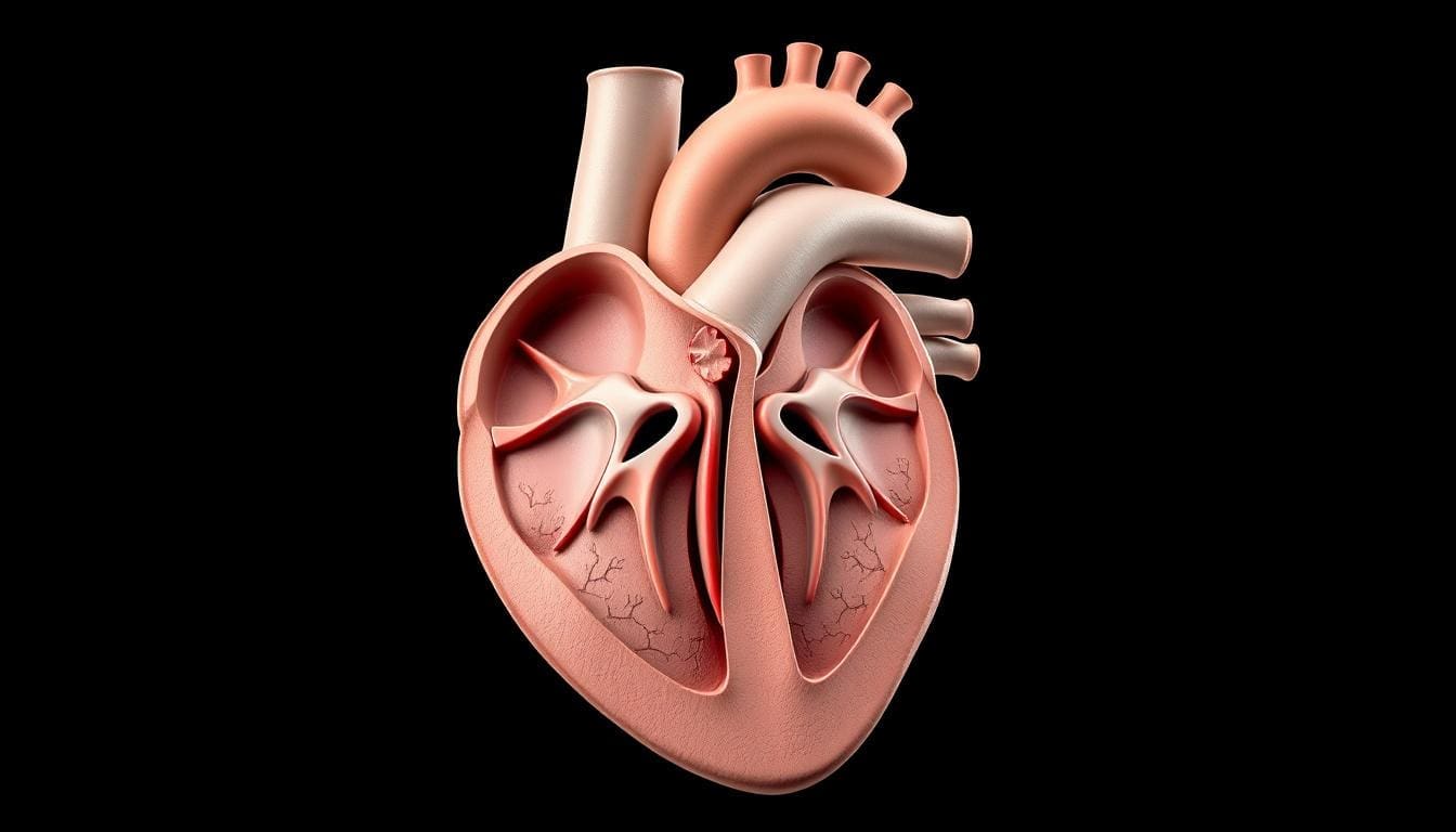 A detailed, anatomically accurate cross-section of the human heart's valve system, depicted in a realistic, high-resolution medical illustration style. The image showcases the intricate structure and function of the four heart valves - the aortic, mitral, tricuspid, and pulmonary valves - as they work together to regulate blood flow. Rendered with a neutral color palette, precise anatomical details, and a sense of depth and dimensionality, the image provides a visually informative and educational representation of the heart's vital valve mechanism.