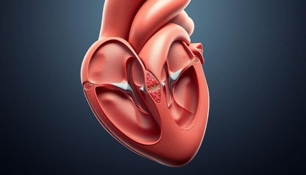 A detailed, anatomically accurate illustration of the aortic valve, showcasing its intricate structure and function. The image should depict the aortic valve in cross-section, highlighting the three semilunar valve leaflets, the aortic sinuses, and the ascending aorta. Render the scene with high-quality photorealistic lighting, emphasizing the delicate contours and intricate details of the cardiac anatomy. Present the subject from a slightly angled perspective, allowing for a clear view of the valve's internal components. Convey a sense of scientific precision and clinical clarity, suitable for an educational medical article on aortic stenosis.