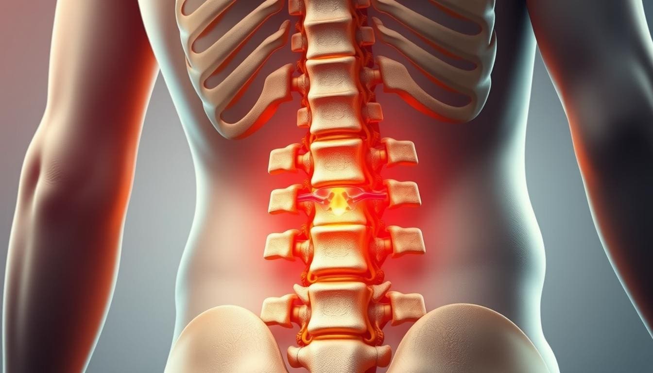 A detailed, anatomically accurate illustration of the lower back region, showcasing the trapped nerve. Crisp, photorealistic rendering with soft, muted lighting to highlight the key structures. The image should convey a sense of tension and discomfort, yet retain a clinical, educational tone. The foreground should prominently feature the spine, vertebrae, and the trapped nerve, with the surrounding muscle and connective tissue visible in the middle ground. The background should provide context, perhaps with a simple, neutral backdrop to keep the focus on the medical subject matter.