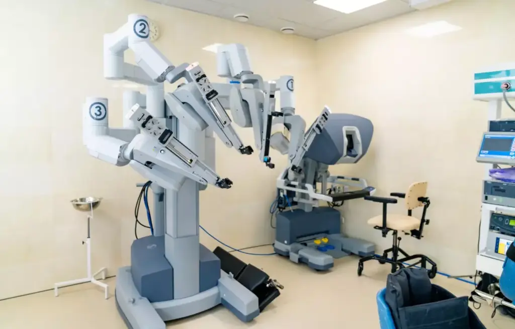 A detailed and precisely engineered da Vinci Surgical System, capturing the essence of robotic surgery evolution. In the foreground, the sleek, high-tech console with its intuitive controls and advanced display screens. Surrounding it, a pristine, minimalist operating theater with crisp, even lighting, conveying a sense of medical innovation and precision. In the background, a blurred cityscape or medical facility, hinting at the broader technological and healthcare advancements that have enabled these groundbreaking procedures. The overall atmosphere is one of clinical sophistication, technological mastery, and a commitment to minimally invasive, patient-centric care.