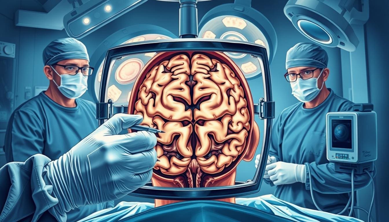 A detailed and realistic illustration of an awake brain surgery procedure, showcasing the surgical team at work. The foreground features a patient's head in a neurosurgical frame, with the surgeon's gloved hands carefully manipulating delicate instruments. The middle ground reveals the intricate anatomy of the exposed brain, with a well-lit and high-contrast view of the surgical site. The background captures the sterile, high-tech environment of the operating room, complete with medical equipment and the focused expressions of the supporting medical staff. The scene conveys a sense of precision, professionalism, and the gravity of the procedure, while avoiding any graphic or unsettling elements.