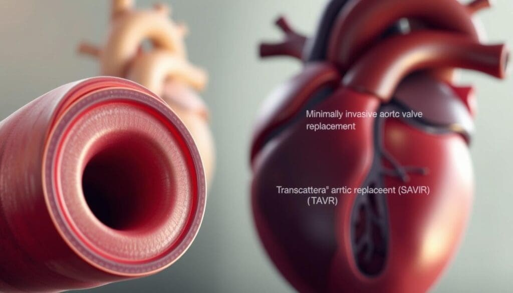 A detailed clinical illustration of aortic stenosis management. In the foreground, a cross-section of the aortic valve shows the narrowed opening, obstructing blood flow. The middle ground depicts various treatment options, including minimally invasive transcatheter aortic valve replacement (TAVR) and surgical aortic valve replacement (SAVR). In the background, a realistic human heart anatomy provides anatomical context. Soft, natural lighting illuminates the scene, conveying the serious yet clinical tone. The composition is balanced, with a focus on the key elements of aortic stenosis and its management, captured through a photorealistic, medical illustration-style rendering.