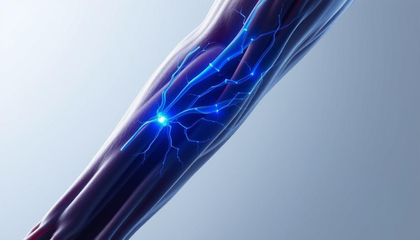 A detailed close-up of a human leg, highlighting the nervous system. The limb is shown in a clinical, scientific style, with visible muscles, tendons, and a network of nerves glowing with an electric blue hue. The nerves appear inflamed and irritated, conveying a sense of discomfort and pain. The lighting is bright and directional, creating sharp shadows and enhancing the anatomical details. The background is a neutral, sterile medical environment, allowing the focus to remain on the affected leg. The overall mood is one of medical examination, diagnosis, and understanding the underlying causes of back and leg pain.