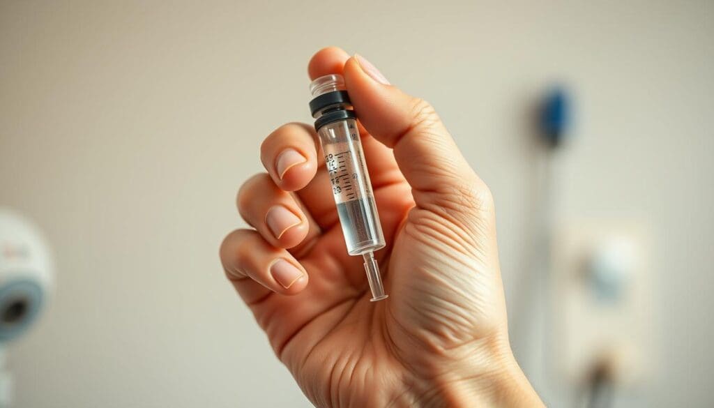 A detailed close-up view of a cancer patient's hand holding a syringe filled with a clear liquid, representing the administration of adjuvant treatment. The skin has a natural, slightly weathered texture, and the fingers gently grasp the syringe with a sense of determination. The background is a soft, blurred medical setting, suggesting a clinical environment. The lighting is warm and indirect, casting subtle shadows that highlight the hand's contours. The overall mood is one of hope and resilience, reflecting the essential purpose of adjuvant treatment in cancer care. A detailed close-up view of a cancer patient's hand holding a syringe filled with a clear liquid, representing the administration of adjuvant treatment. The skin has a natural, slightly weathered texture, and the fingers gently grasp the syringe with a sense of determination. The background is a soft, blurred medical setting, suggesting a clinical environment. The lighting is warm and indirect, casting subtle shadows that highlight the hand's contours. The overall mood is one of hope and resilience, reflecting the essential purpose of adjuvant treatment in cancer care.