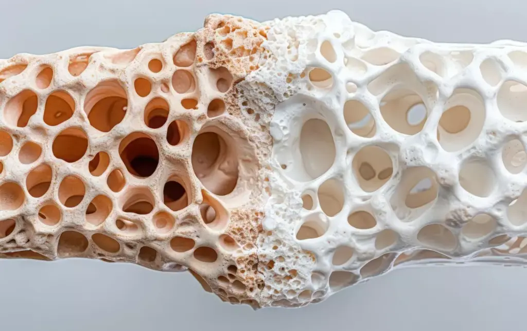 A detailed close-up view of an osteoporotic human bone, with a focus on the porous, fragile structure. The bone appears aged and weakened, with visible cracks and decreased density. The lighting is soft and diffuse, highlighting the texture and fine details. The background is a muted, neutral tone, drawing the viewer's attention to the central subject. The overall mood conveys a sense of fragility and the gradual deterioration of bone health.