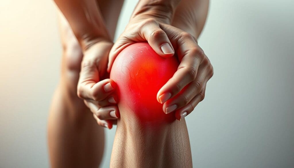 A detailed, close-up view of human joints affected by arthritis pain, rendered in a realistic and medically accurate style. The foreground features an inflamed, swollen knee joint with reddened skin and visible inflammation. The middle ground showcases a hand gripping the knee in pain, with fingers slightly curled and knuckles appearing enlarged. The background gently fades into a soft, neutral tone, allowing the focal point of the arthritic joint to stand out. The lighting is soft and natural, highlighting the textural details of the skin and musculature. The overall mood conveys a sense of discomfort and the struggle of living with the chronic condition of arthritis. A detailed, close-up view of human joints affected by arthritis pain, rendered in a realistic and medically accurate style. The foreground features an inflamed, swollen knee joint with reddened skin and visible inflammation. The middle ground showcases a hand gripping the knee in pain, with fingers slightly curled and knuckles appearing enlarged. The background gently fades into a soft, neutral tone, allowing the focal point of the arthritic joint to stand out. The lighting is soft and natural, highlighting the textural details of the skin and musculature. The overall mood conveys a sense of discomfort and the struggle of living with the chronic condition of arthritis.