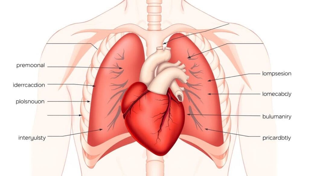 A detailed cross-section illustration of the human chest, depicting the various potential causes of chest pain. In the foreground, the heart is prominently featured, showcasing the different cardiovascular conditions that can lead to chest discomfort, such as coronary artery disease, myocardial infarction, and pericarditis. In the middle ground, the lungs are depicted, highlighting respiratory issues like pneumonia, pleurisy, and pulmonary embolism as additional sources of chest pain. The background includes the musculoskeletal structures, including the ribs, sternum, and intercostal muscles, to represent musculoskeletal causes like costochondritis. The image is rendered in a clean, medical illustration style with realistic anatomical details and a neutral color palette to convey the informative nature of the subject matter. A detailed cross-section illustration of the human chest, depicting the various potential causes of chest pain. In the foreground, the heart is prominently featured, showcasing the different cardiovascular conditions that can lead to chest discomfort, such as coronary artery disease, myocardial infarction, and pericarditis. In the middle ground, the lungs are depicted, highlighting respiratory issues like pneumonia, pleurisy, and pulmonary embolism as additional sources of chest pain. The background includes the musculoskeletal structures, including the ribs, sternum, and intercostal muscles, to represent musculoskeletal causes like costochondritis. The image is rendered in a clean, medical illustration style with realistic anatomical details and a neutral color palette to convey the informative nature of the subject matter.