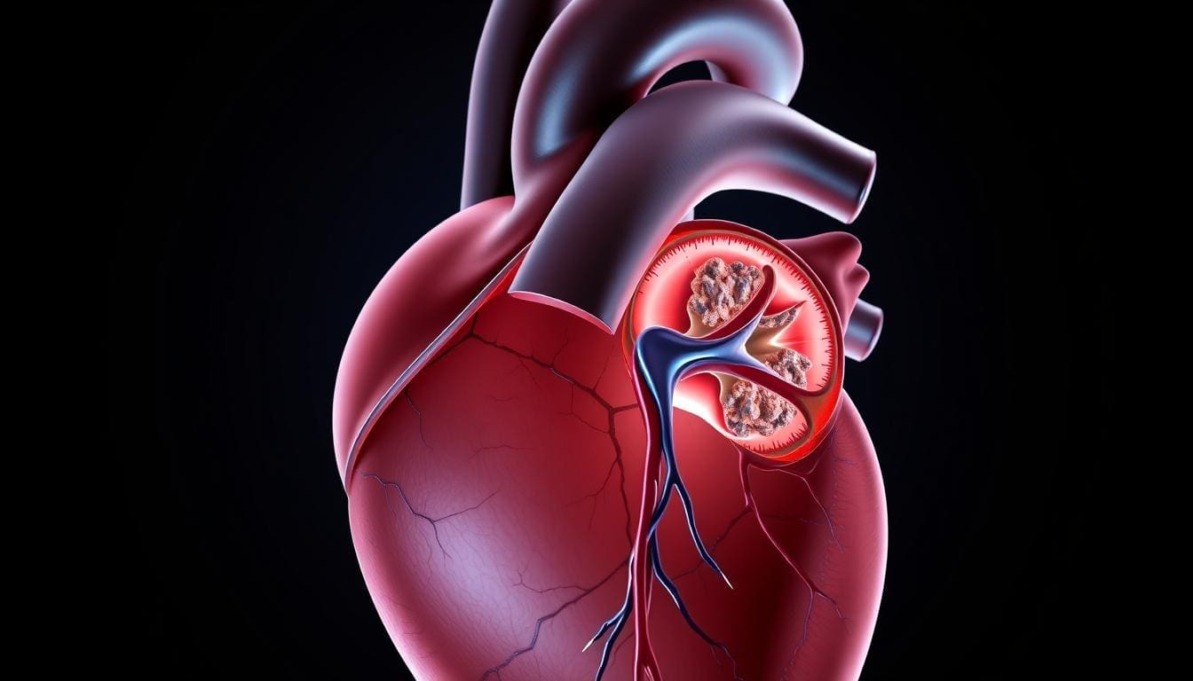 A detailed cross-section illustration of the human heart, highlighting the aortic valve and its progressive narrowing due to aortic stenosis. The image should feature a realistic, high-resolution rendering of the heart anatomy, showcasing the thickened, calcified aortic valve leaflets obstructing blood flow. Bright, directional lighting should be used to accentuate the intricate structures, while a muted, subdued color palette conveys the clinical, diagnostic nature of the subject matter. The perspective should be slightly elevated, allowing for a clear, detailed view of the affected valve region within the context of the overall heart anatomy.