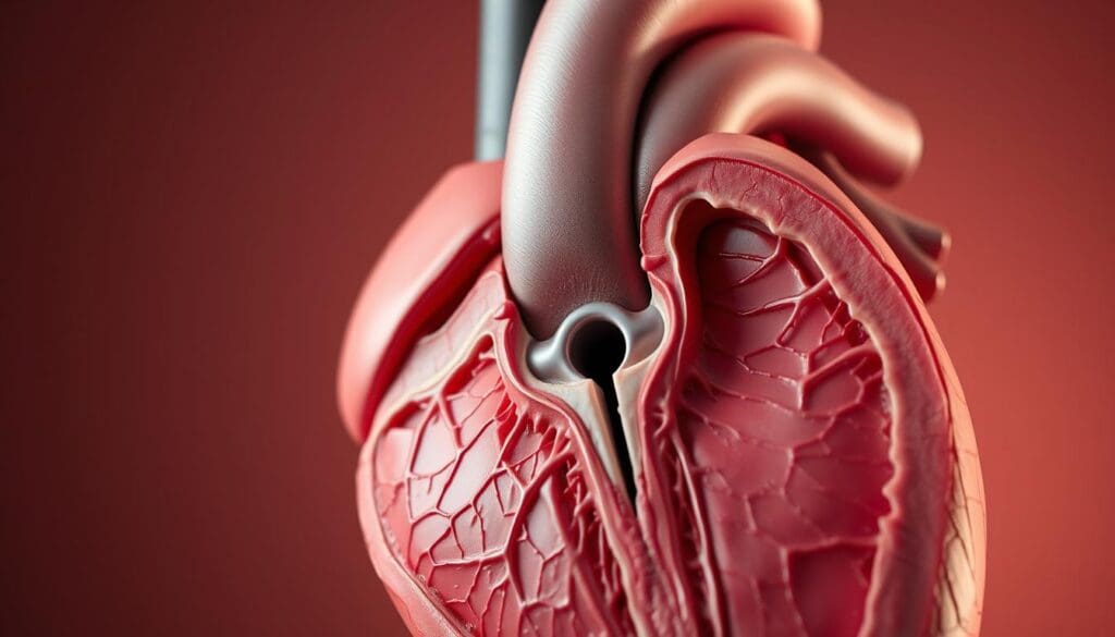 A detailed cross-section of a human heart, showcasing the intricate anatomy of a heart valve suffering from stenosis. The valve is narrowed, restricting blood flow, with a visible obstruction in the center. The image is rendered in a realistic, high-resolution photographic style, with precise anatomical details and a soft, warm lighting that accentuates the three-dimensional structure. The background is a neutral, muted tone, allowing the valve and its pathological condition to be the central focus of the image. The overall scene conveys a sense of medical understanding and educational insight into the definition and nature of heart valve stenosis.