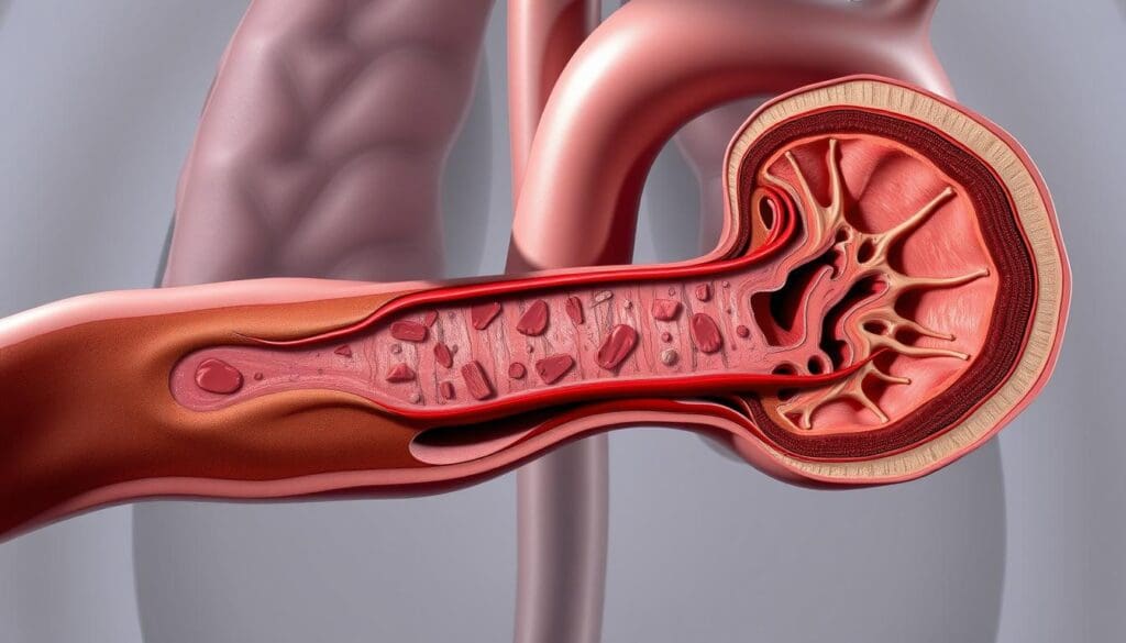 A detailed cross-section of a narrowed aorta, showcasing the blockage and its underlying symptoms. The image should be rendered in a highly realistic medical illustration style, with a muted color palette and precise anatomical details. The aorta should be prominently featured in the center, surrounded by relevant structures like the heart, lungs, and surrounding tissues. Subtle lighting from the left casts shadows, adding depth and realism. The viewer should be able to clearly see the narrowed section of the aorta, the buildup of plaque, and the impact on blood flow. Overall, the image should convey a sense of clinical authority and educational value, suitable for inclusion in a medical article on aortic narrowing.