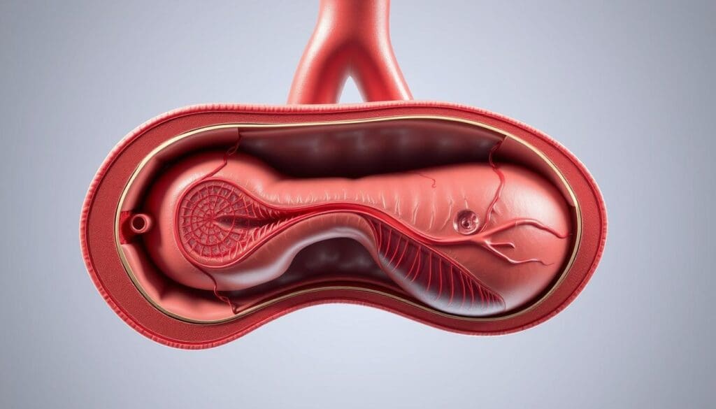 A detailed cross-section of an abdominal aortic aneurysm, showcasing its enlarged size and diameter, set against a clean, clinical background. The image should be shot from a slightly elevated perspective, providing a clear and comprehensive view of the aneurysm's anatomy. The lighting should be bright and evenly distributed, allowing for a crisp, high-contrast rendering of the various layers and structures, including the aortic wall, lumen, and any surrounding tissues. The overall tone should convey a sense of medical precision and educational purpose, without sacrificing the visual appeal necessary for effective illustration in a scholarly article.