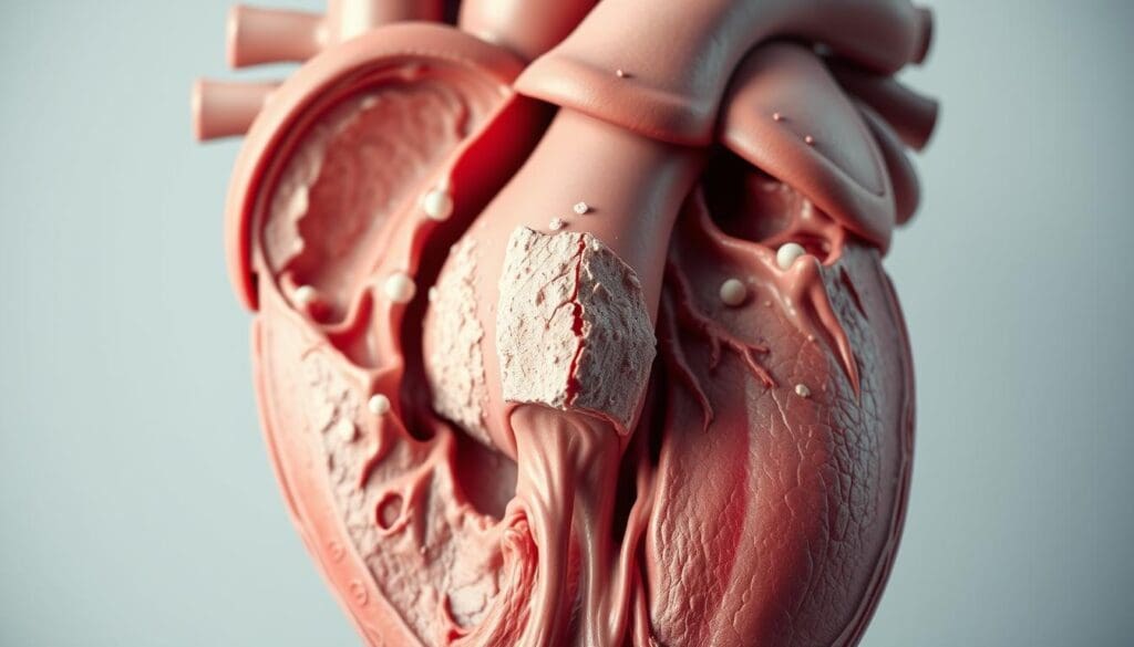 A detailed cross-section of the human heart, showcasing the aortic valve and its surrounding structures. The valve appears enlarged and distorted, with a thickened, calcified appearance, indicating aortic valve dysfunction. The image should be rendered in a highly realistic, photographic style, with precise anatomical details and accurate proportions. The lighting should be soft and directional, creating depth and highlighting the intricate textures of the valve and surrounding tissues. The background should be neutral, allowing the focus to remain on the aortic valve pathology.